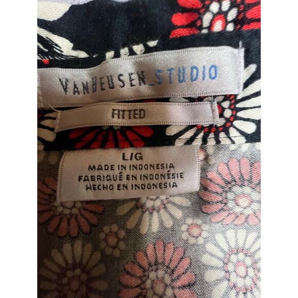Van Heusen Studio Fitted Floral Button-Up Shirt Black Red White L - Picture 2 of 5
